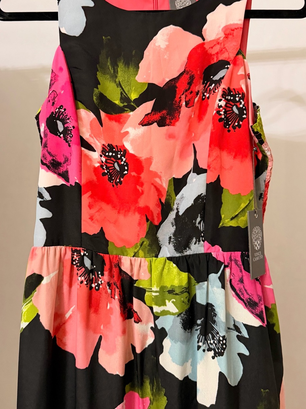 Vince Camuto Black Floral Fit-and-Flare Dress with Coral, Pink & Green Accents